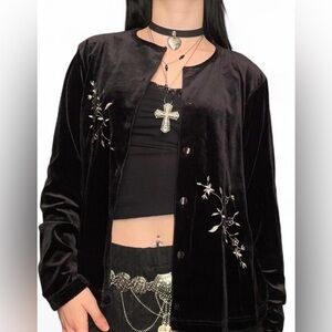 fashion bug whimsigoth black velvet cardigan with white embroidered flowers